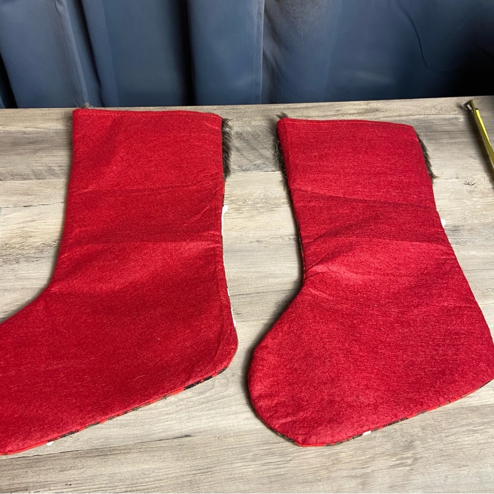 Christmas Stockings Set of 2 Red Gray Fuzzy Top Snowflake Pattern Hanging Plaid - Picture 6 of 10